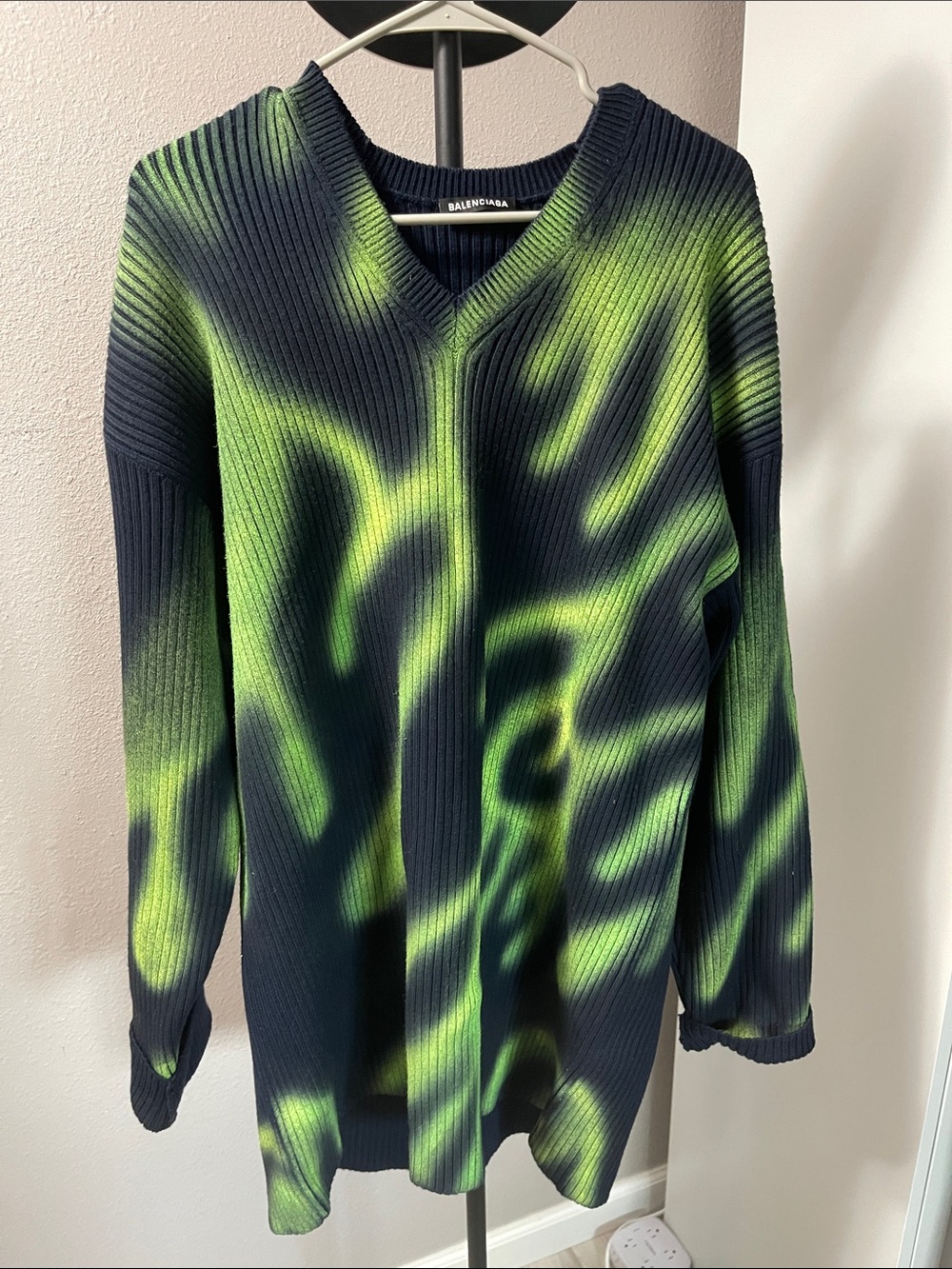 NWOT Balenciaga Navy Blue and Neon Green Ribbed V-Neck Pullover